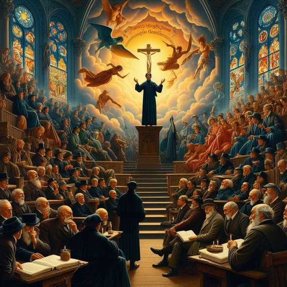Representación artística de un sermón iluminado por un crucifijo resplandeciente, simbolizando la relación entre la ética protestante y el capitalismo, inspirada en las teorías de Max Weber