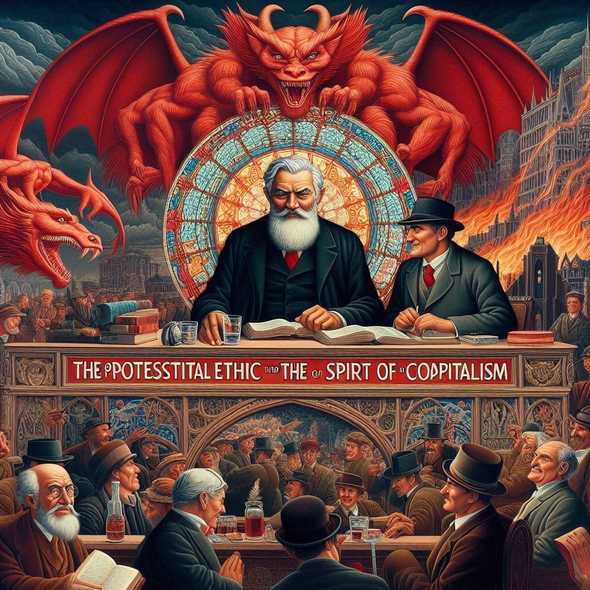 Ilustración satírica de Max Weber leyendo un libro con un demonio alado y una ciudad en llamas en el fondo, titulada "La ética protestante y el espíritu del capitalismo".