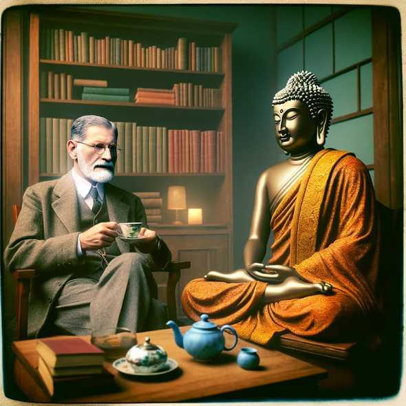 Sigmund Freud y el Buda en una reunión simbólica, disfrutando de té en un ambiente de terapia occidental y tranquilidad zen oriental.