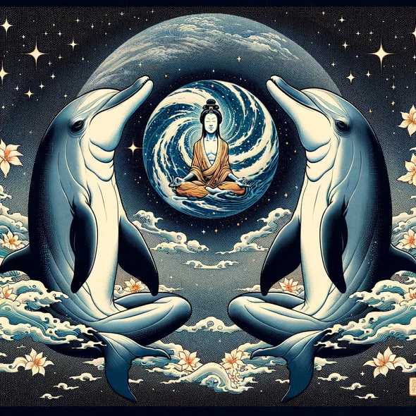 Obra de arte estilo ukiyo-e que muestra a dos delfines meditando en el espacio, con un fondo cósmico, simbolizando la serenidad y la trascendencia de la meditación Jhana.