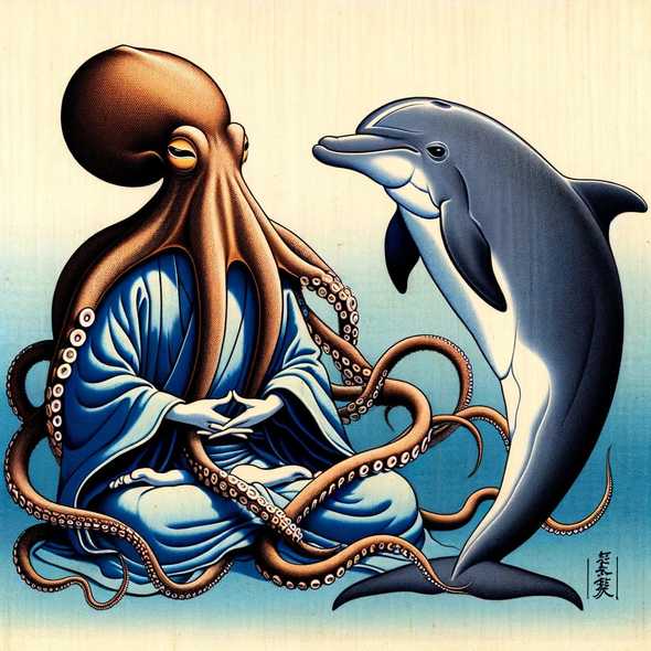 Obra de arte estilo ukiyo-e de un pulpo y un delfín meditando bajo el agua, mostrando la tranquilidad de la meditación Jhana, con los tentáculos del pulpo elegantemente dispuestos y el delfín expresando serenidad.