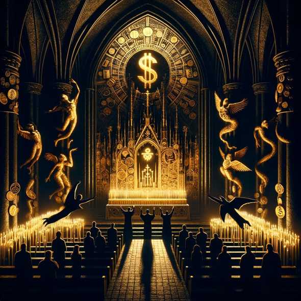 Interior gótico oscuro de una catedral con altar de monedas de oro y billetes, y figuras sombrías en poses de adoración, iluminadas por velas con símbolos monetarios, representando el capitalismo como religión según Walter Benjamin.