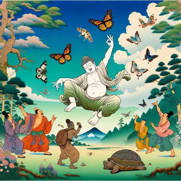 Obra de arte estilo ukiyo-e de El Buda bailando breakdance eufóricamente. Está llegando a la absoluta trascendencia. Está en un bosque japonés hermoso. Etéreo. Haz que el ángulo sea de dutch angle desde abajo del buda.
