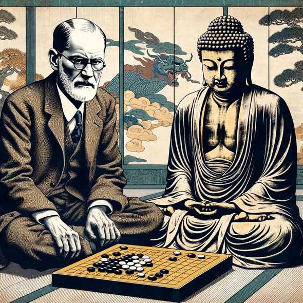 Sigmund Freud y el Buda jugando Go, arte ukiyo-e al estilo de Kobayashi Kiyochika, fusión de cultura oriental y occidental, con Freud en atuendo del siglo XX y Buda en ropas tradicionales, en un entorno que combina espiritualidad y psicoanálisis.