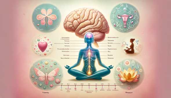 Ilustración artística del cerebro femenino con meditación, ciclos de vida y salud reproductiva, simbolizando la influencia de hormonas y emociones