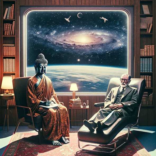 Sigmund Freud psicoanalizado por el Buda en el espacio, imagen surrealista al estilo de cámara de los años 70, mostrando a Freud en un diván de psicoanalista y al Buda en atuendo tradicional, en una nave espacial con ventana al cosmos